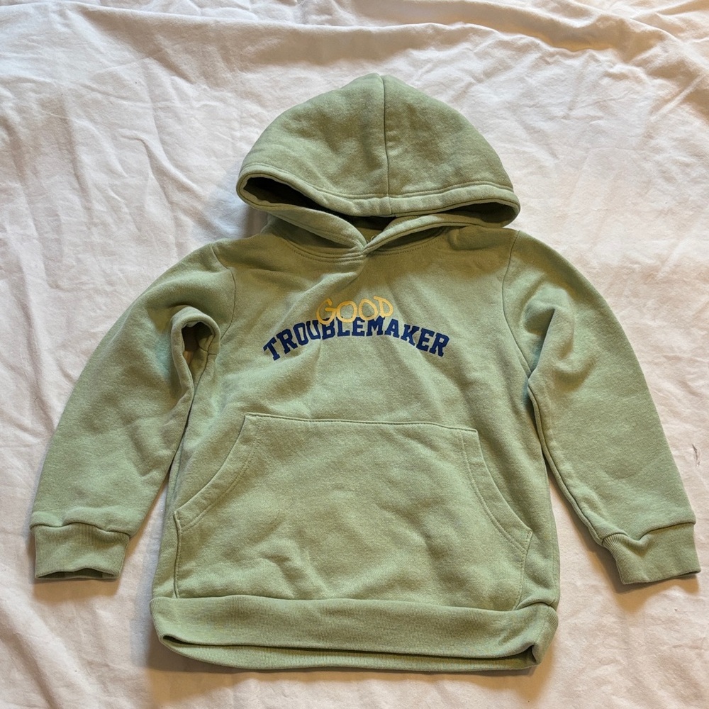 Kids' Mint Green Hooded Sweatshirt with 'Good Troublemaker' Graphic
